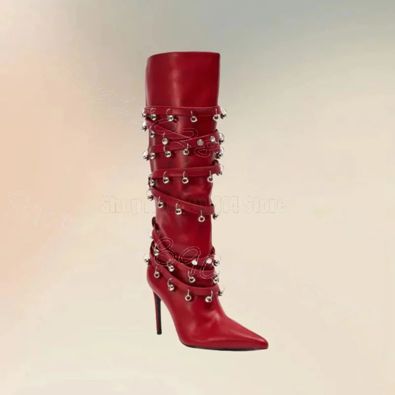 Boots – Metal Circle Rivet – Pointed Toe High Heel – Red | KIMLUD