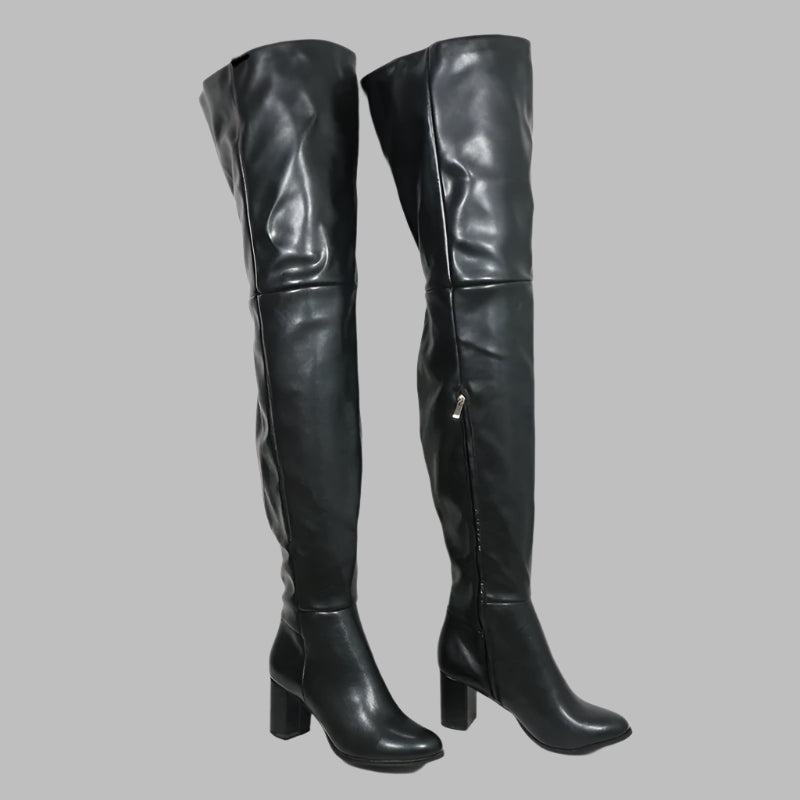 Sorbern Black Matte Block Square Heels Boots For Women Unisex Style Round Toe Mid Thigh High Half Zipper Long Boots Custom