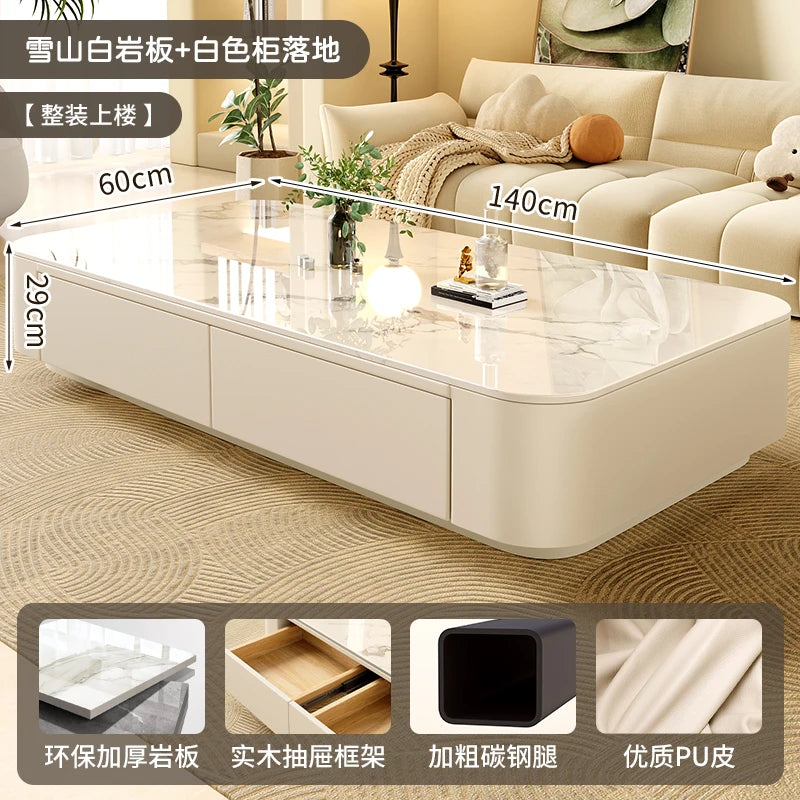 Rock-Slab Coffee Table With Wooden Frame — White | KIMLUD