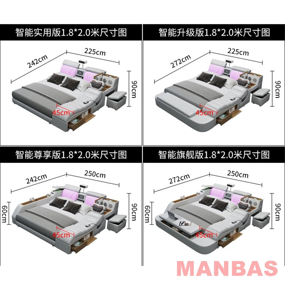 Genuine Leather Bed With Projector USB Speaker — White | KIMLUD