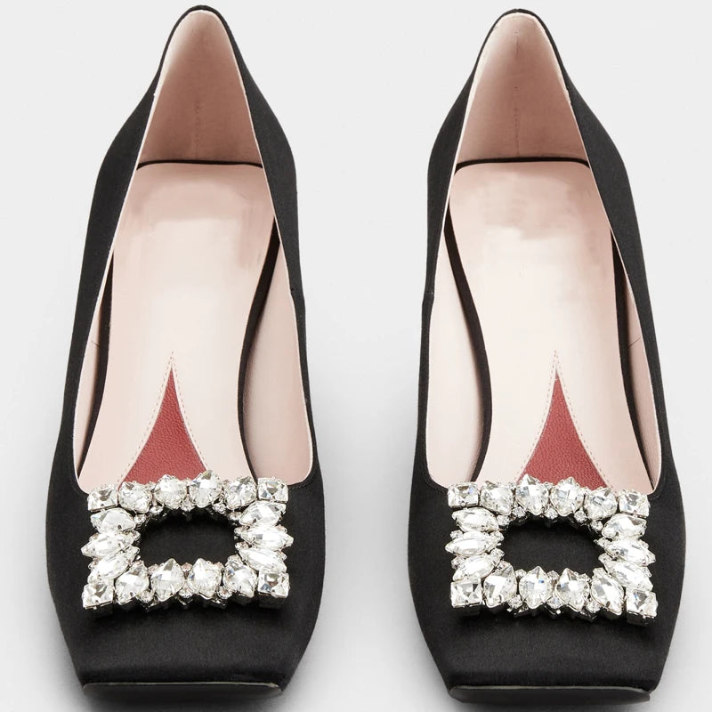 Satin Rhinestone High Heels Square Toe — Champagne | KIMLUD
