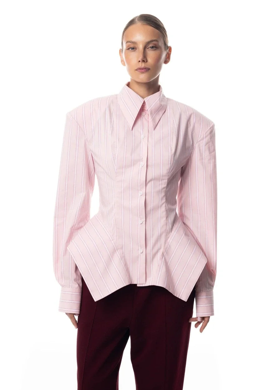 Collar Striped Shirt Asymmetrical Hem Cinched Waist — White | KIMLUD