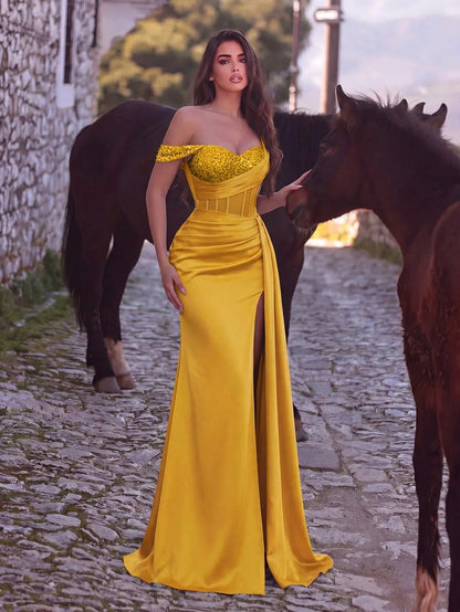 Mermaid Evening Dress – Off Shoulder – Polyester – Gold | KIMLUD