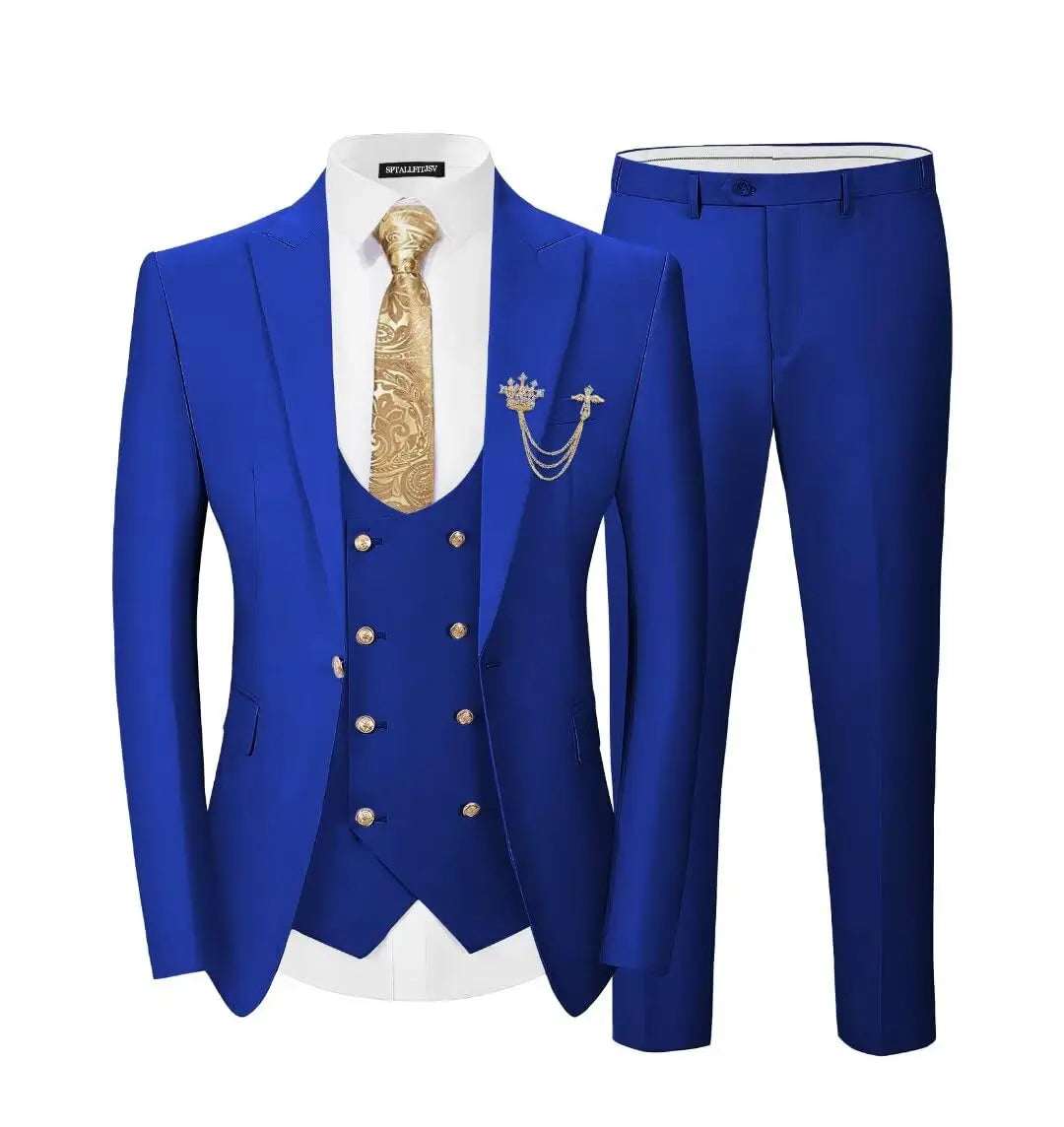 Men's 3-Piece Suit Set Classic One Gold Button Slim Fit Blazer Vest Pants Formal Business Wedding Wear