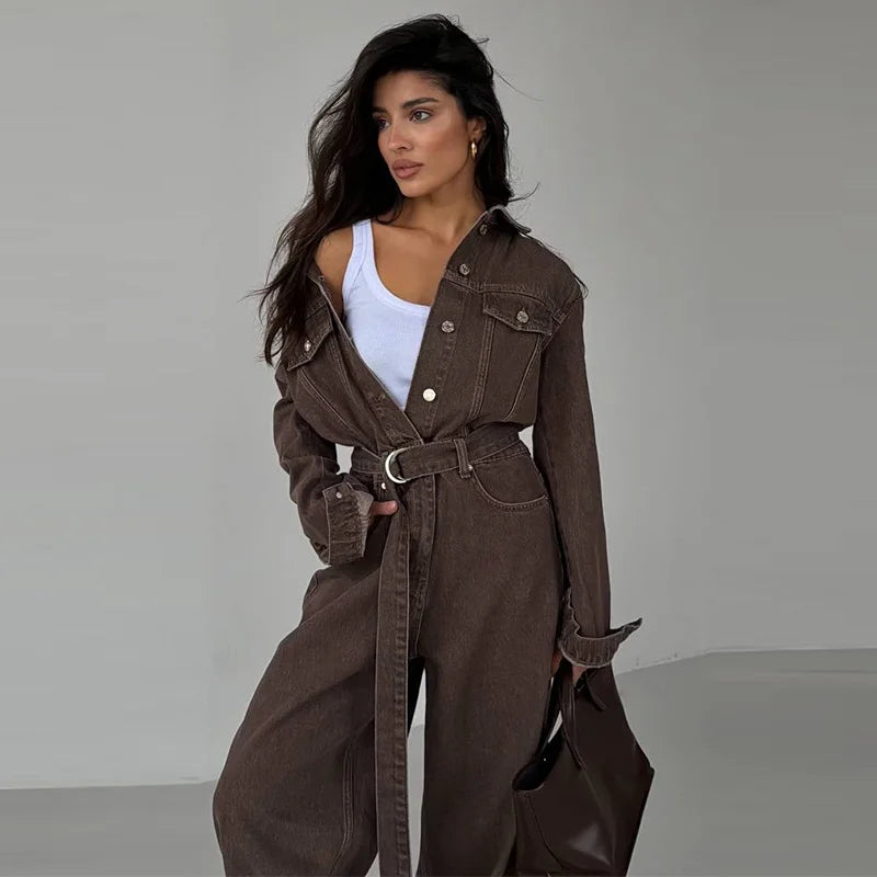 Denim-Inspired Jumpsuit Turn-Down Collar Lace-Up Full Sleeve Wide-Leg — Brown | KIMLUD