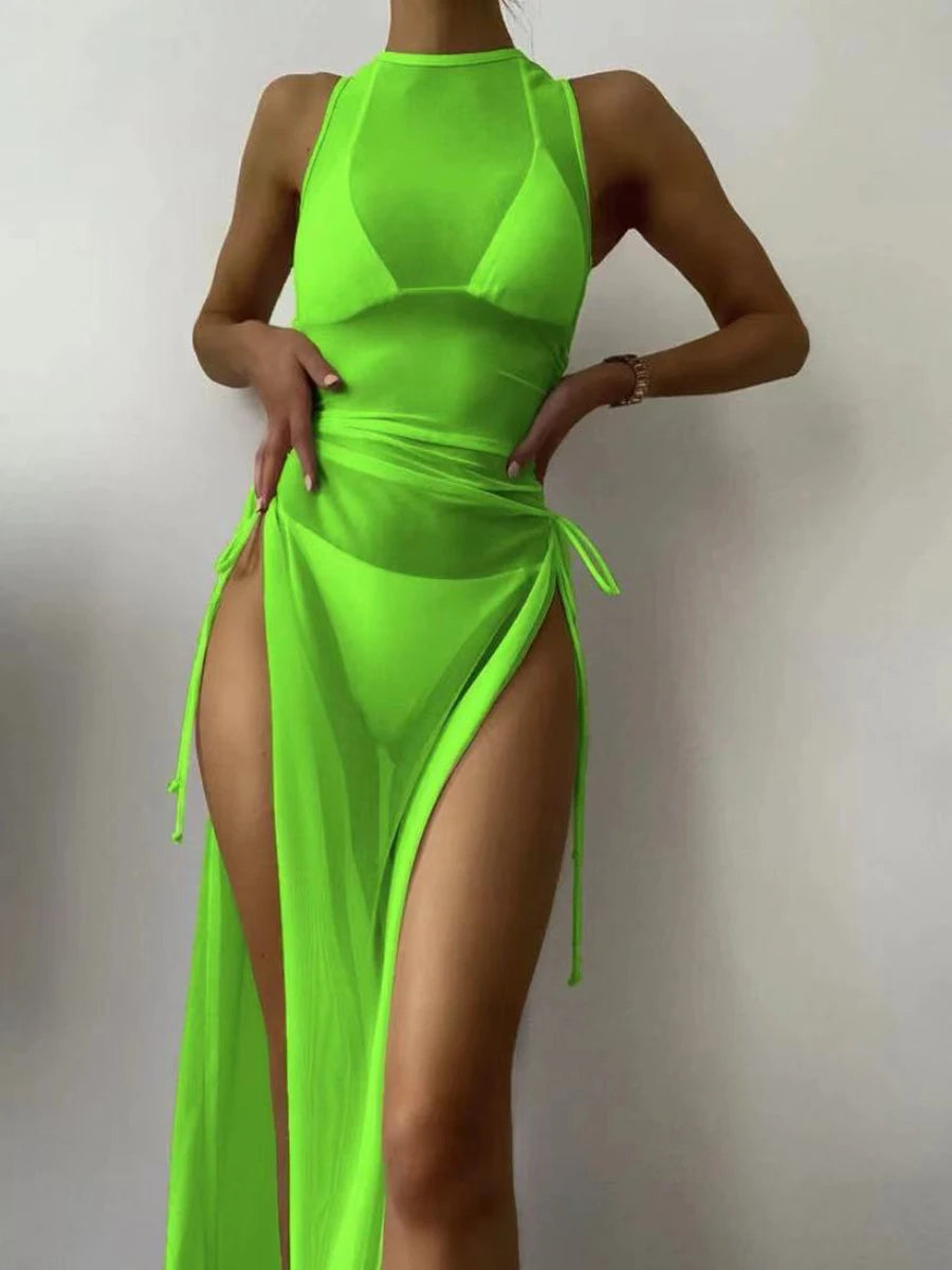 3 Pieces Thong Bikini 2023 Women With Dress String Swimwear Female Solid Swimsuit Beach Wear Bathing Swimming Suit Summer - KIMLUD