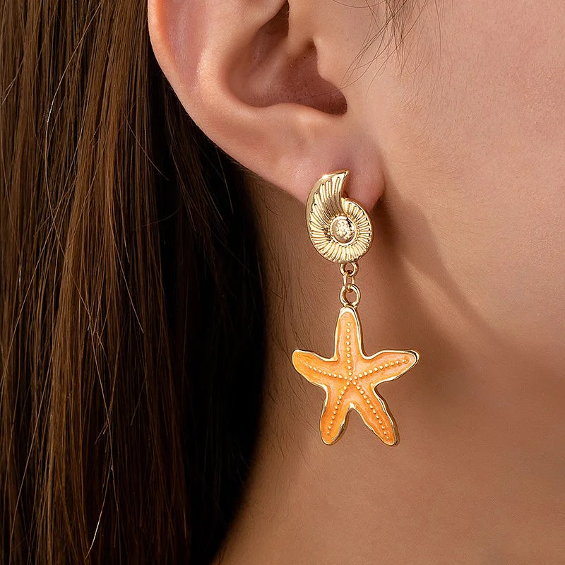 Conch Earrings for Women Fashion Children's Fun Ocean Series Metallic Color Starfish Beach Holiday Style Banquet Gift
