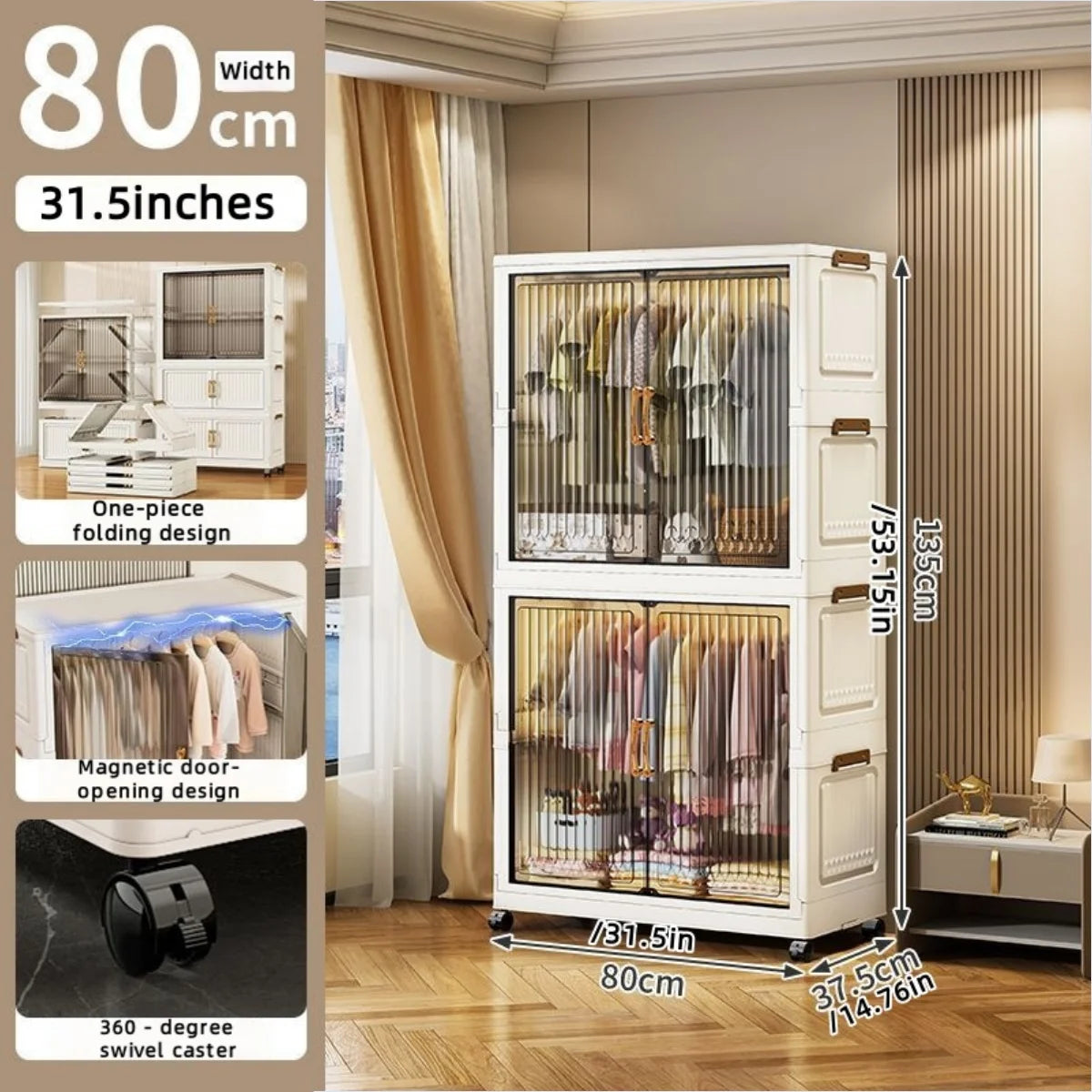 80cm no-installation folding storage cabinet, bedroom children's wardrobe, multi-layer storage box with wheels