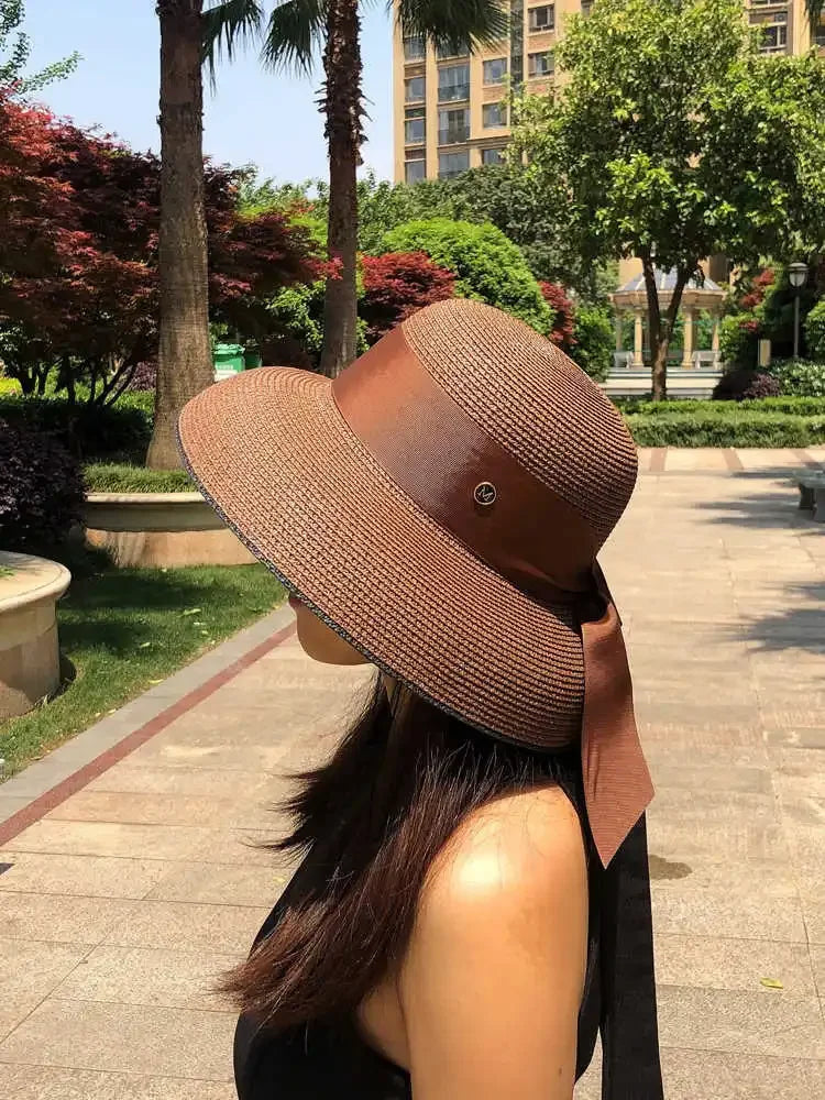 Women's French Retro Straw Sun Hat with Bow Detail - Hepburn Style Elegant Wide Brim UPF 50+ Sun Protection for Beach Vacation