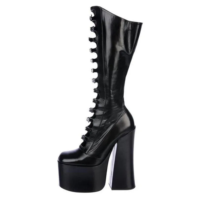 Lolita Girls Women's High BootsCosplay Halloween Rivet Hollow-out Thick Bottom Long Boots Women Heel Height 6CM Platform Shoes