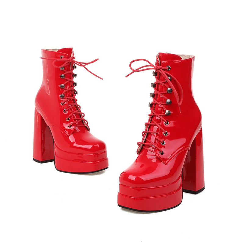 2022 Winter Women Ankle Boots Platform Square High Heel Ladies Ankle Boots Patent PU Leather Cross Tied Women's Shoes Big Size