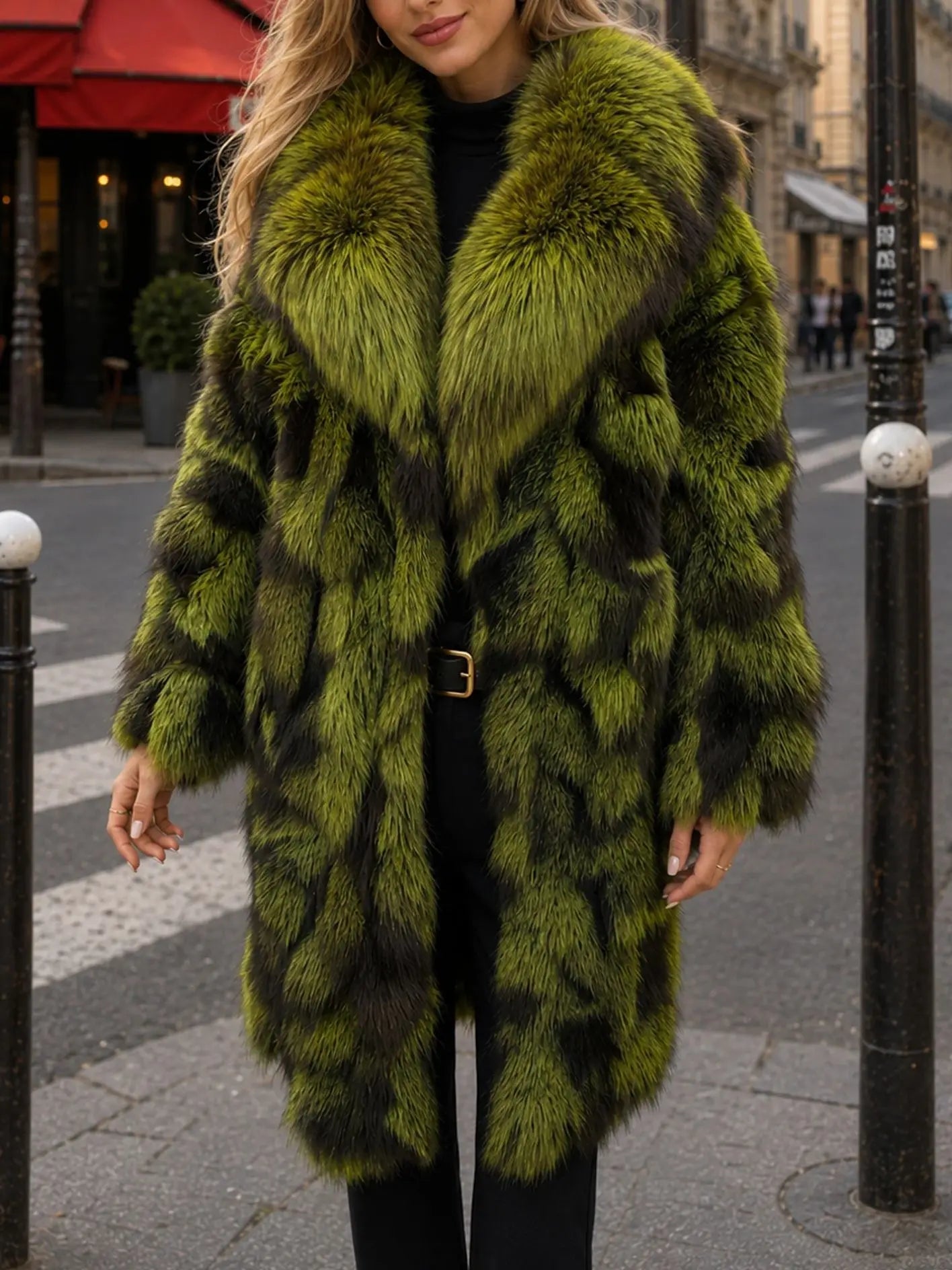 Long Coat – Color-Block – Fox Fur Patchwork – Green-Brown | KIMLUD
