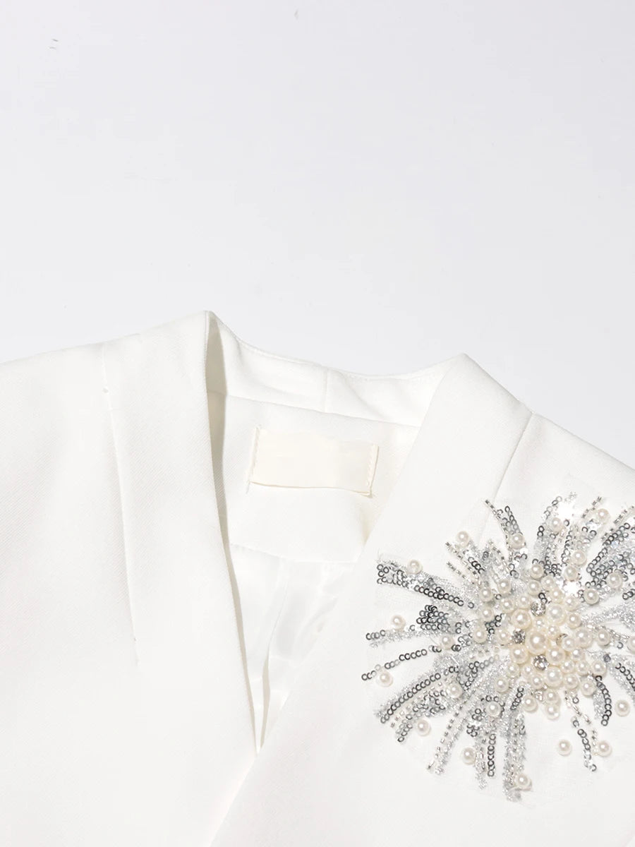 CHICEVER Solid Spliced Beading Slimming Blazer for Women Notched Collar Long Sleeve Patchwork Button Formal Coat Female Fashion