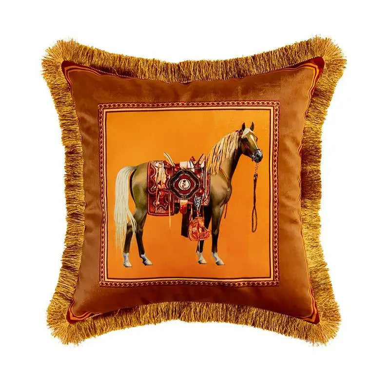 European Retro Horse Printed Pillow Cover Sofa Gold Tassel Pillowcase Velvet Fabric Cushion Cover