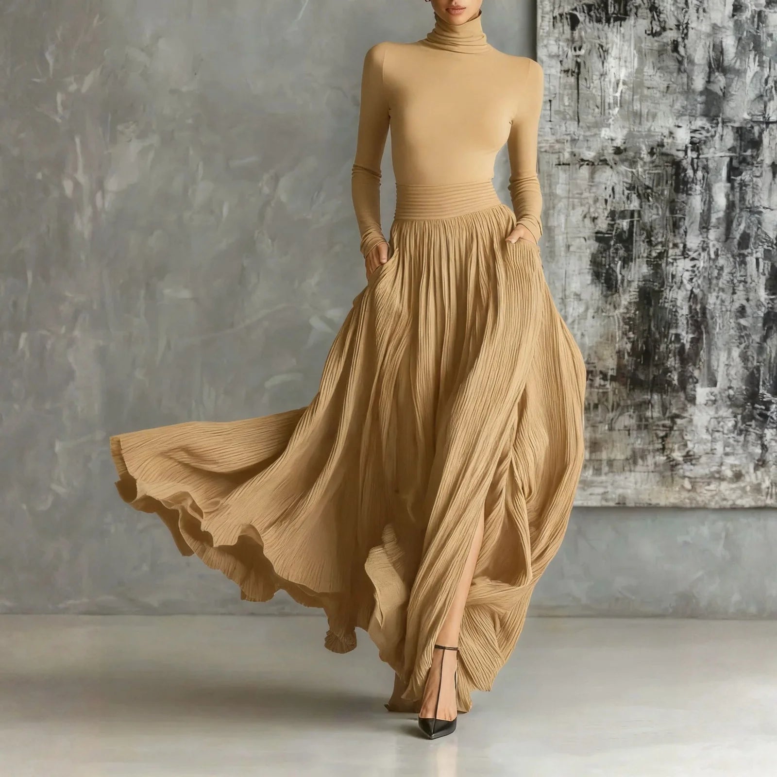 French Retro Elegant Light Luxury Slim-fit Dress for Women Turtleneck Long Sleeve Long Dresses Flowy Dress with a Large Skirt