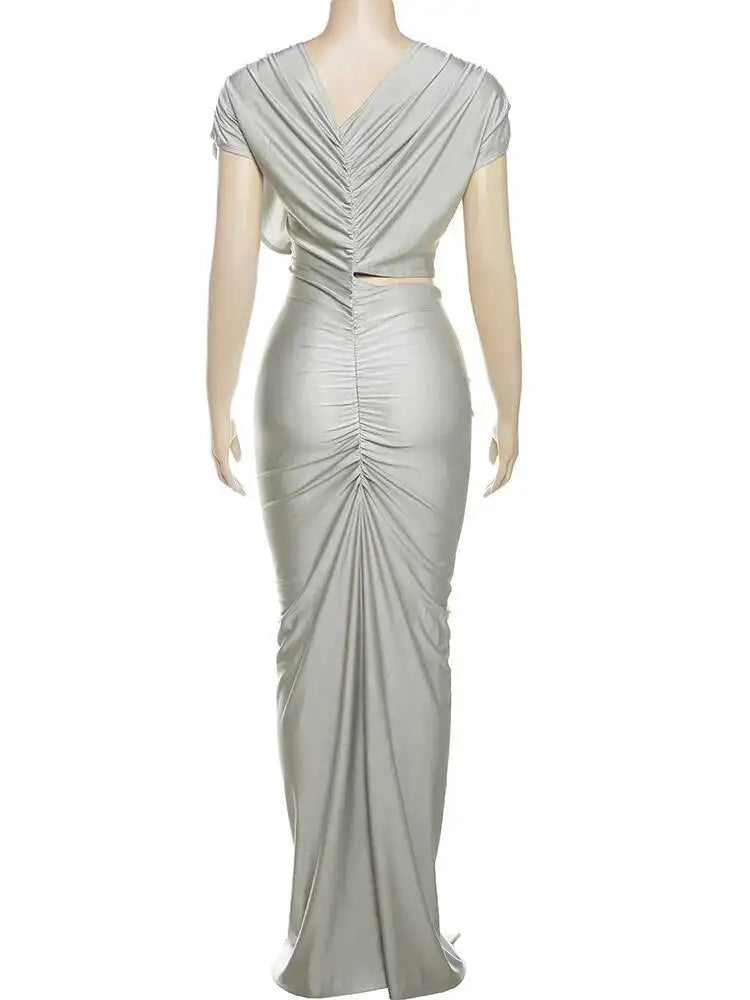 Irregular Hollow Dress Women Ruched Diagonal Collar Shorts Sleeve Waistless Slits Street Trend Elegant Long Bodycon 0V01