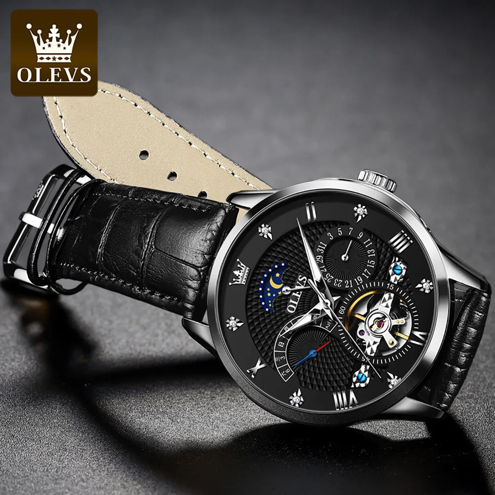 Leather Moon Phase Automatic Watch — Black | KIMLUD