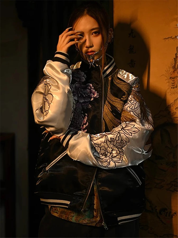 Polyester Sukajan Jacket Hand-Painted Dragon, Phoenix And Peony Embroidery Across Chest — Black | KIMLUD