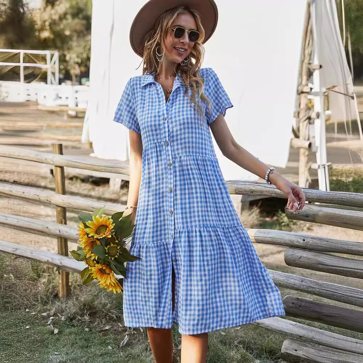 2026 Women's Checkered Short-Sleeve Shirtdress Single-breasted Button-down Short-sleeved Dress Casual Country-style Long Dress
