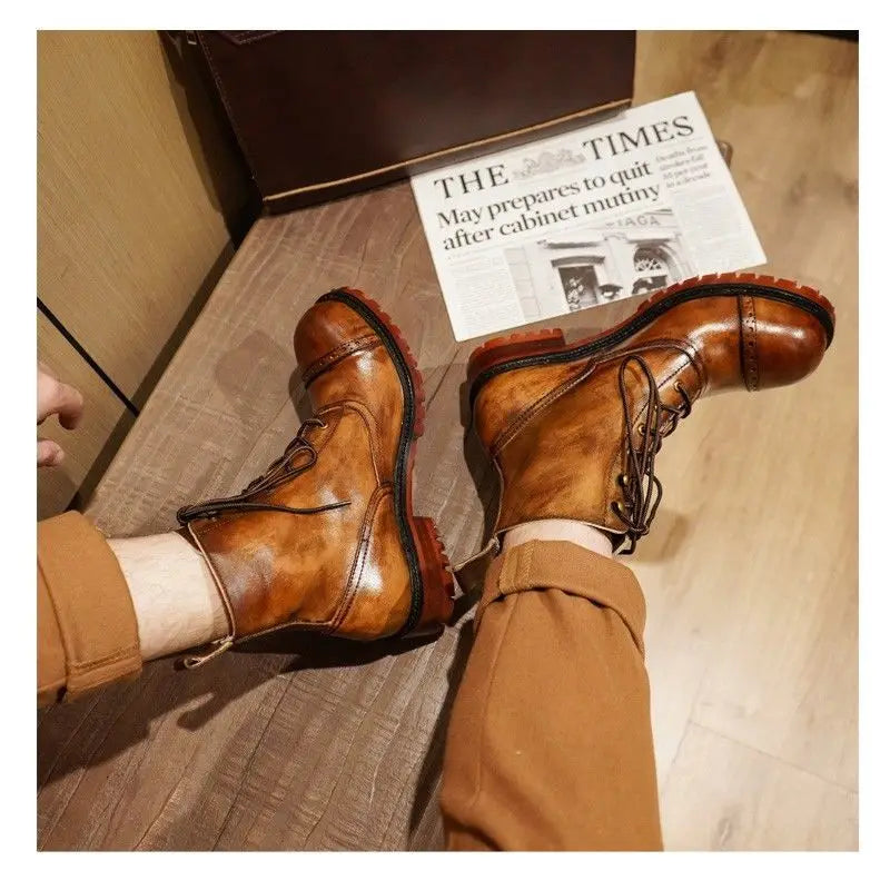 Cow Genuine Leather Motorcycle Boots Brogue Shoes Retro High Big Head Chelsea Men's Boots Ankle Boots For Men Brown