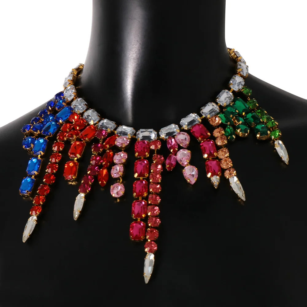 Colorful Large Crystal Necklaces Rhinestone Tassel — Multicolor | KIMLUD