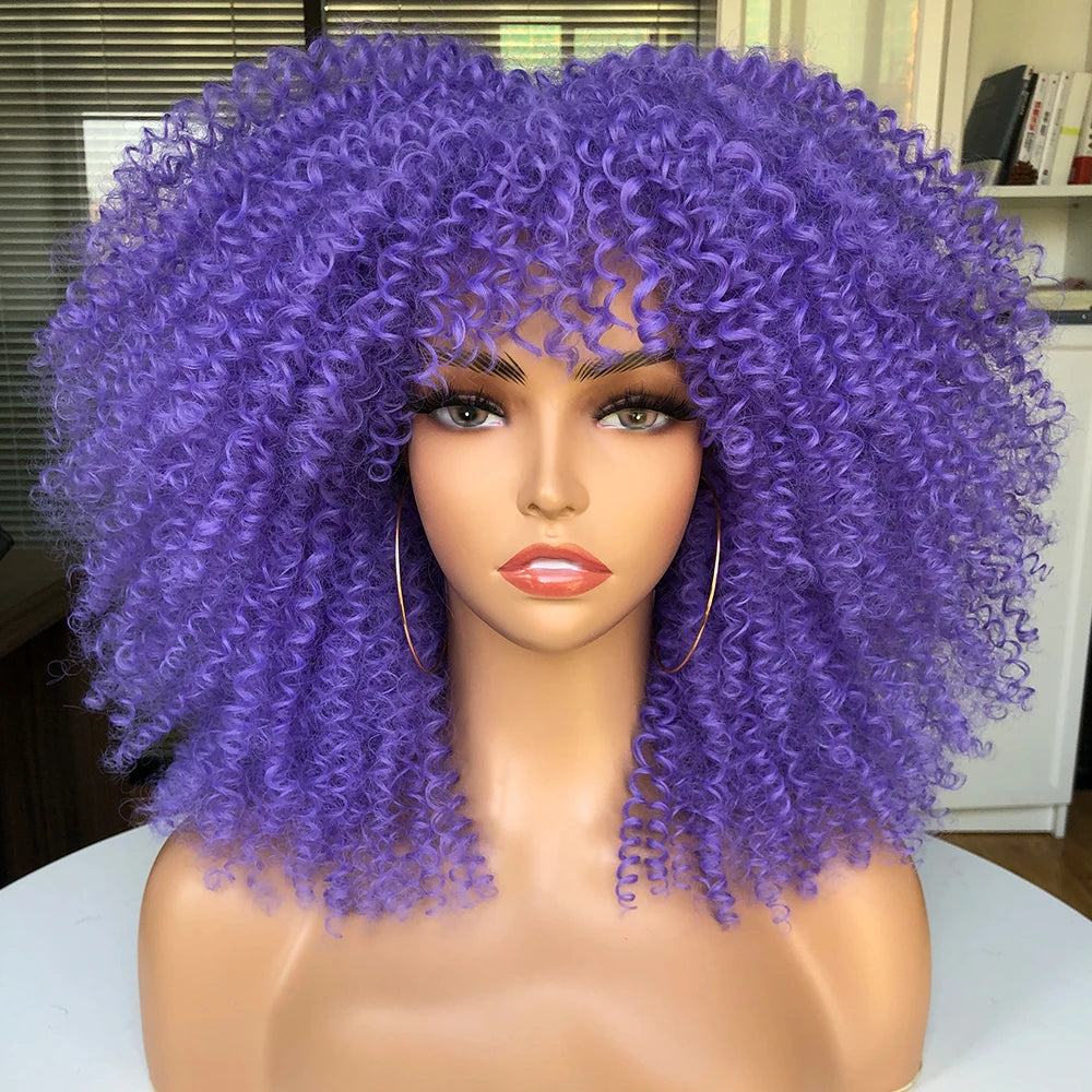 Afro Kinky Curly Hair Wigs With Bangs — Natural Brown Mixed | KIMLUD