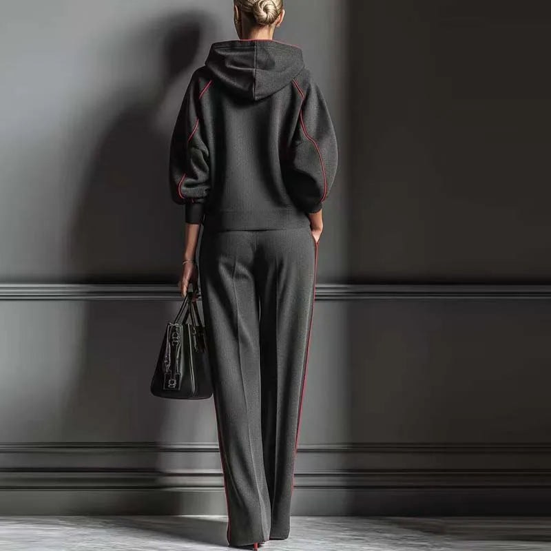 Hooded Sweatshirt Set Wide-Leg Pants — Charcoal Grey | KIMLUD