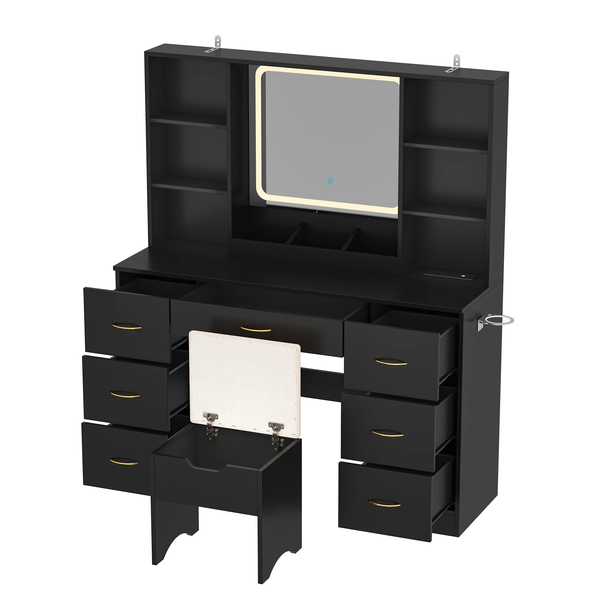 47" Vanity Desk with Mirror and Lights, Large Makeup Vanity with Vanity Chair & Charging Station, Dressing Table with 7 Drawers
