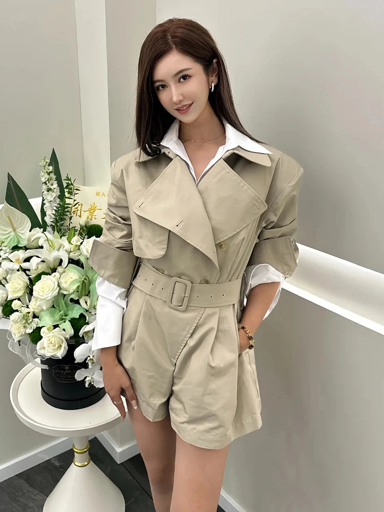 DEAT Fashion Khaki Jumpsuit Women's Lapel Double-Breasted Sashes Trench Coat Loose Rompers Autumn New 7A1521