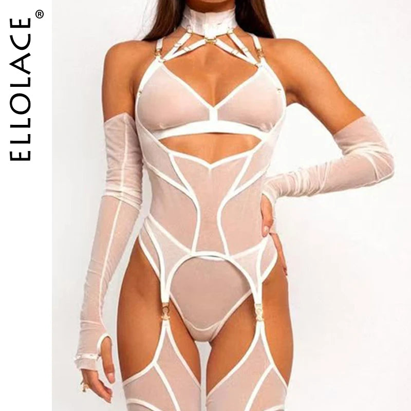 Ellolace Premium Lingeries Sexy Hot Tempted Intimate Bra Thong 2PC Set with Accessories Fantasy Sheer Daring Lingerie For Women