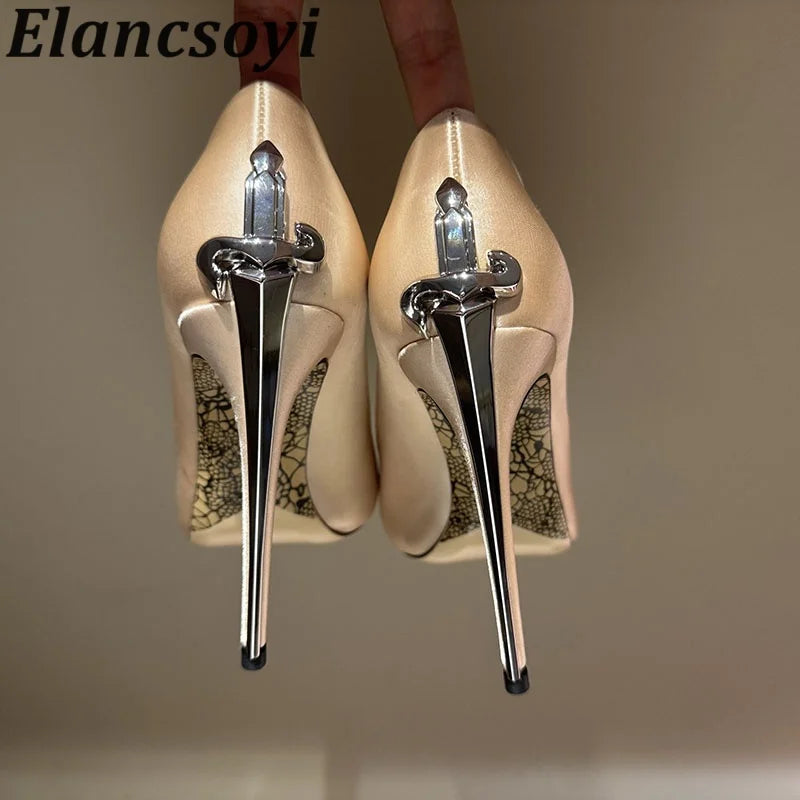 Leather Pumps With Metal High Heels Metal-Embellished Shaft Sculpted Pointed Toe — Gold | KIMLUD