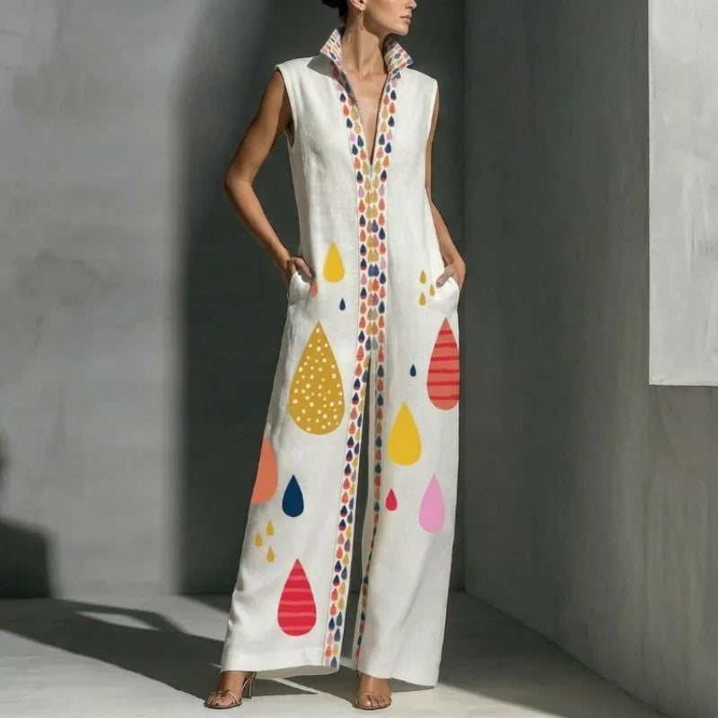Jumpsuit – Colorful Printed Zipper Wide Leg – Polyester | KIMLUD