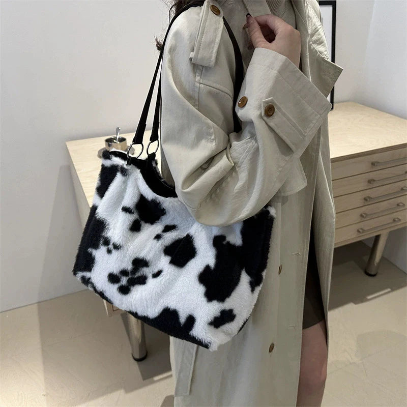 KIMLUD, Large Capacity Shopper Bags For Women Winter Travel Tote Bag Cow Printing Plush Shoulder Bag Ladies Handbag Designer Bolsos, KIMLUD Womens Clothes