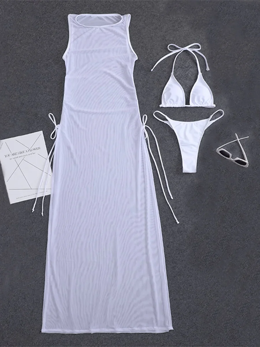 3 Pieces Thong Bikini 2023 Women With Dress String Swimwear Female Solid Swimsuit Beach Wear Bathing Swimming Suit Summer - KIMLUD