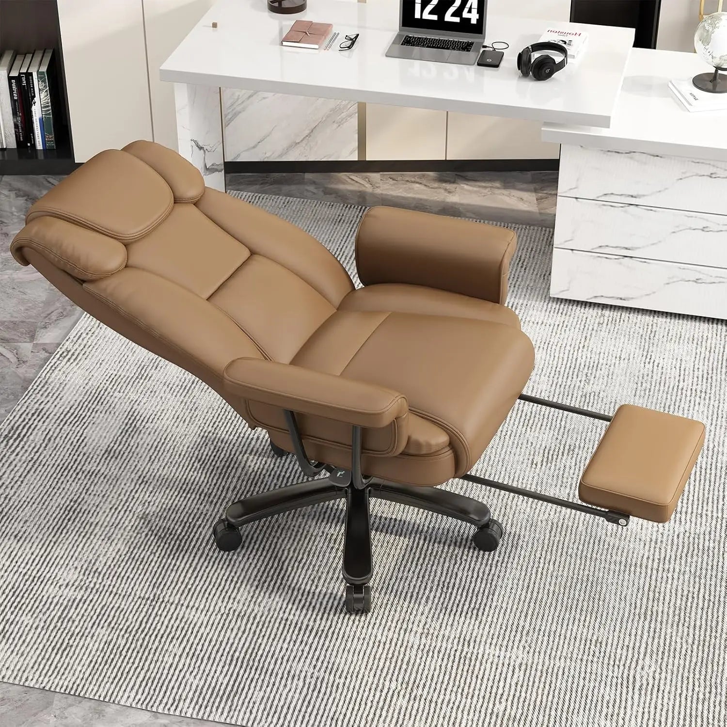 Criss Cross Chair with Wheels, 160°Big and Tall Reclining Office Desk Chair with High Back, Wide Seat, Arms, Footrest, Brown