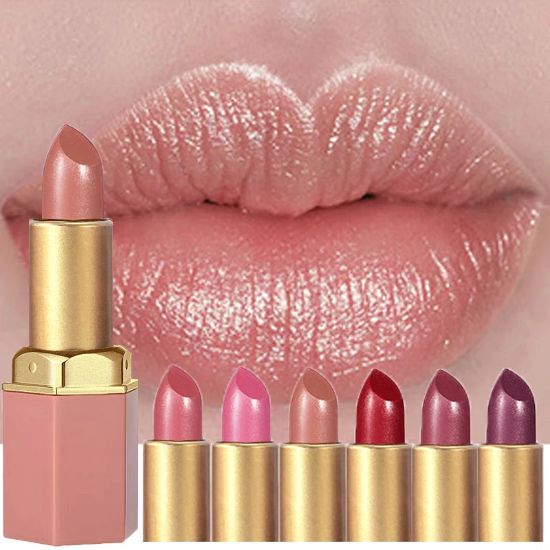 Shimmer Coral Metallic Lipstick Glitter Diamond Waterproof Lip Gloss High Pigment Shiny Sparkling Pearl Pink Lipstick Cosmetics