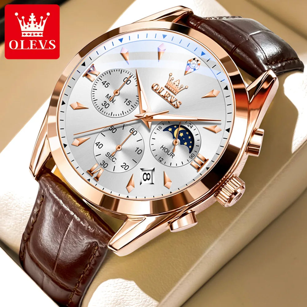 OLEVS Luxury Men's Watches Leather Strap Waterproof Luminous Chronograph Moon Phase Man Watch Top Original Quartz Watch for Men