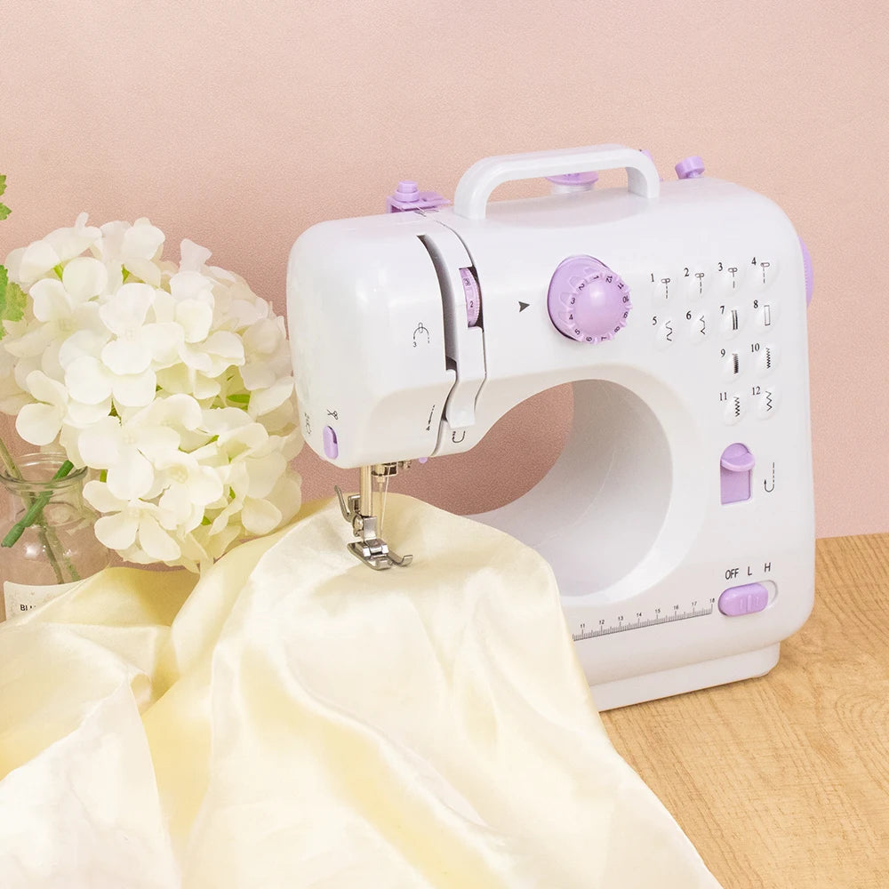 Portable Mini Electric Sewing Machine for Beginners 12 Stitches Foot Pedal Night Light Speed Control for DIY Home Sewing Mending