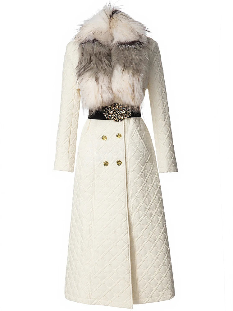 Color Blocking Fur Collar Coat – Polyester Cotton | KIMLUD