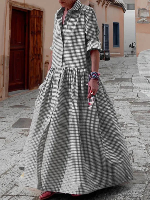 Maxi Dress – Plaid Pleated Lapel Shirt Dress – Polyester | KIMLUD