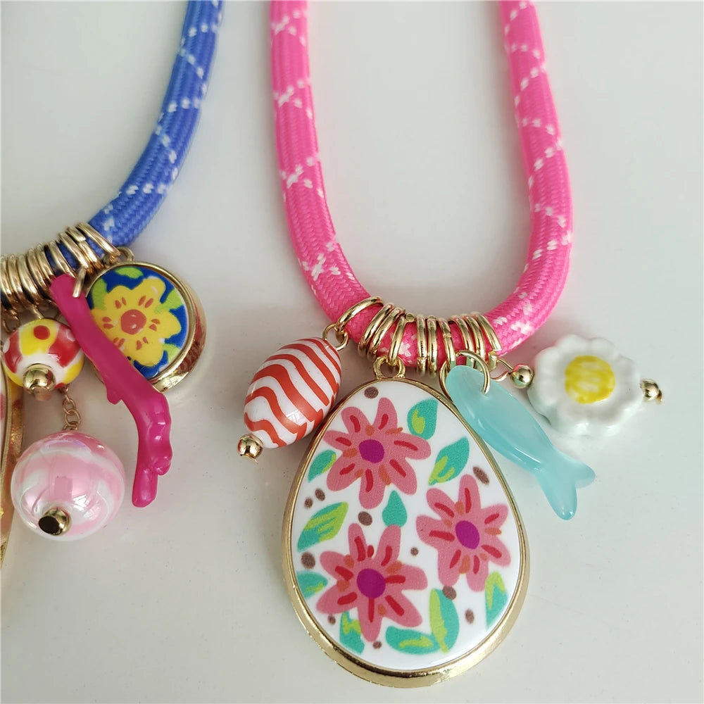 Cord Choker Necklace – Enamel Flower Pendant – Zinc Alloy – Multicolor | KIMLUD