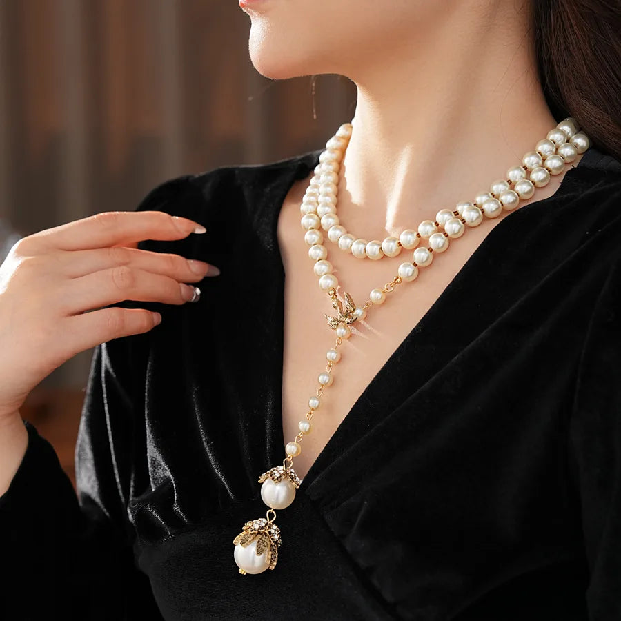 Little Bird French Imitation Pearl Pendant Necklace Flower Inlaid Rhinestone Adjustable Necklace Fashion Woman Party Jewelry N1
