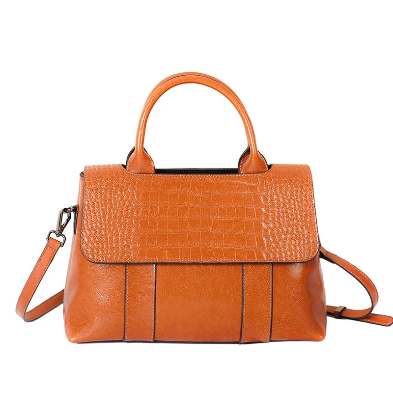 Genuine Leather Shoulder Bag Crocodile-Print — Cognac Brown | KIMLUD