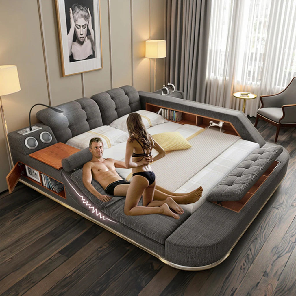 USB LED Wood Massage Bed Sets Smart King Size New Bedroom Furniture with Storage Queen Double Size Mattresses Bedroom Bed Set