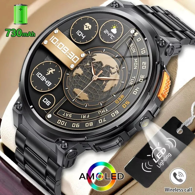 New 1.85'' Screen Outdoor Sport Smartwatch Men Heart Rate Flashlight Watch 730mAh Battery Waterproof Wireless Call Smart Watch