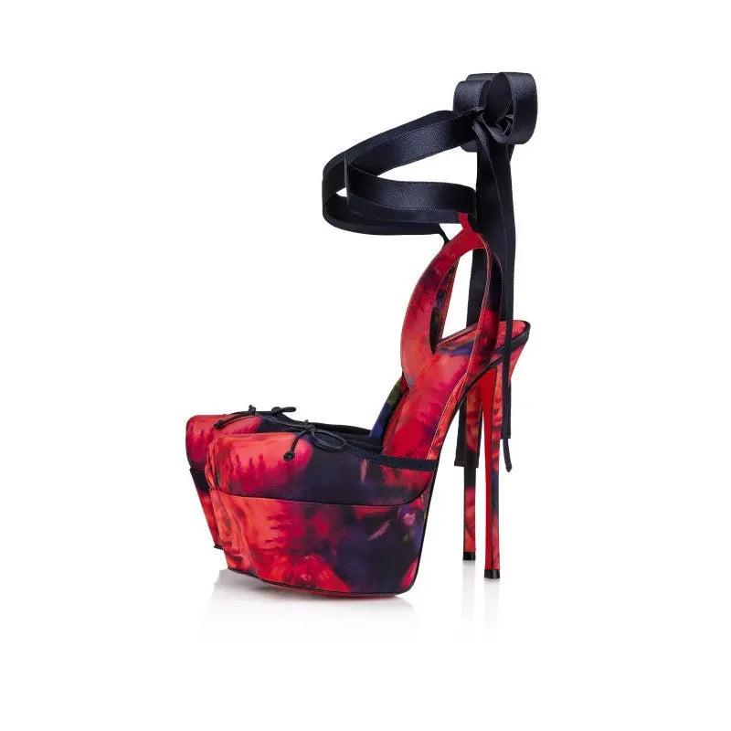 Silk Sandals Lace-Up Square Toe Platform Heels — Black | KIMLUD