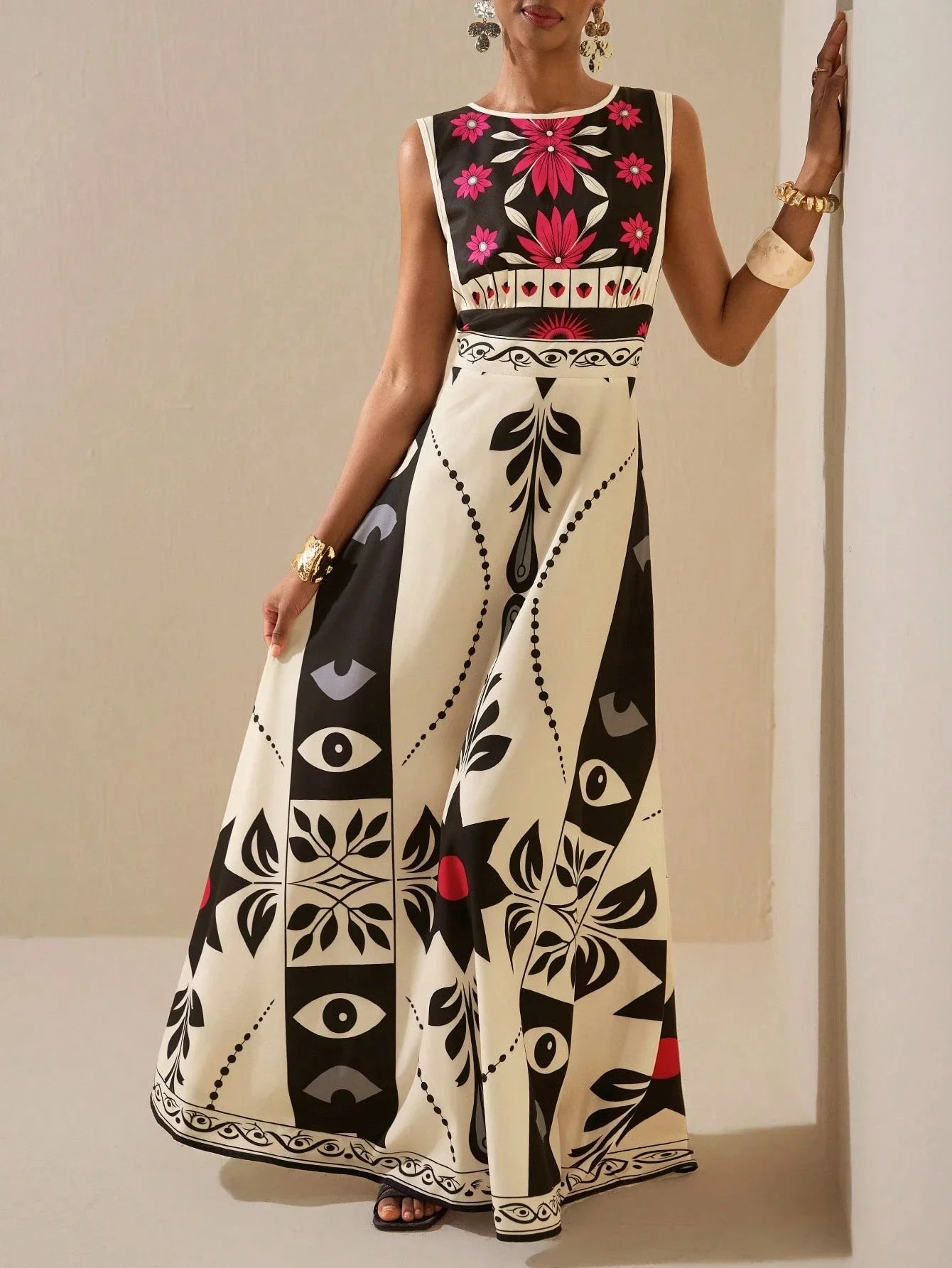 Maxi Dress – Floral Tribal Sleeveless A-Line – Polyester – Red | KIMLUD
