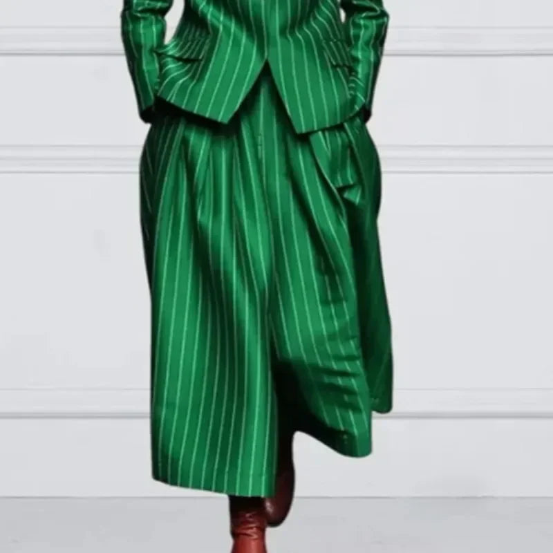 Two-Piece Striped Blazer and Wide-Leg Pant Suit – Blended | KIMLUD