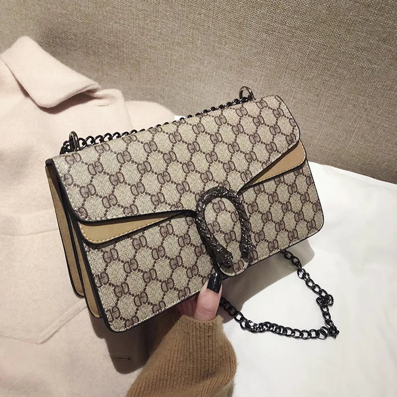 PU Mini Crossbody Bag Vintage Print With Chain Strap Monogram — Beige-Cream | KIMLUD