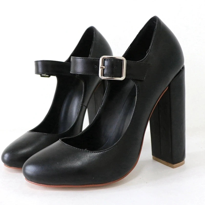 Mary Jane Pumps – Buckle Strap – Round Toe – Black | KIMLUD